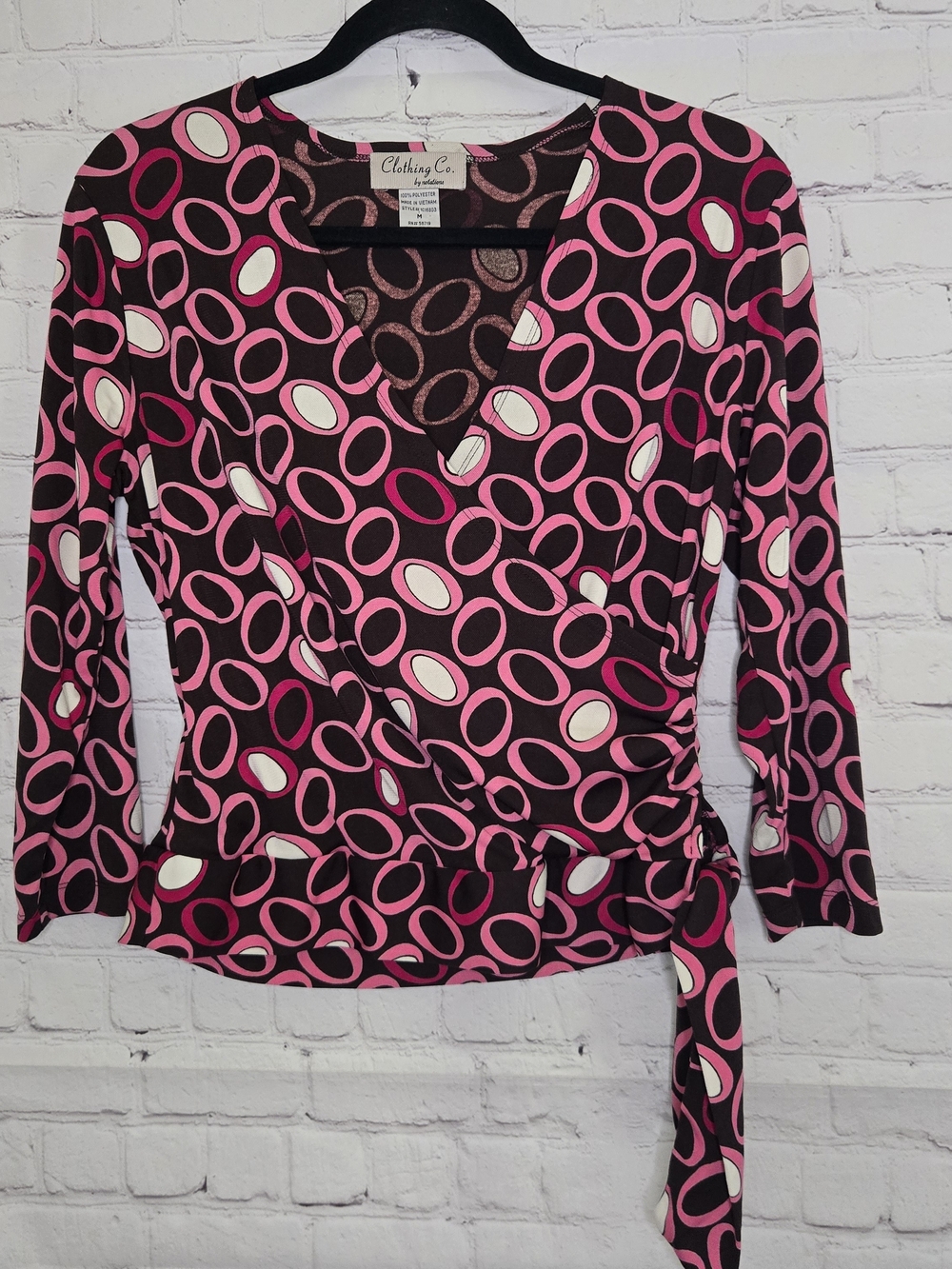 Y2k Pink & brown retro print long sleeve top with tie side V Neck Faux Wrap